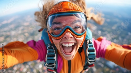This vibrant image showcases a joyful skydiver enjoying an exhilarating free fall, reinforcing the spirit of adventure and the thrill of extreme sports in the open sky.