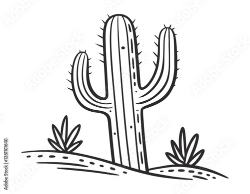 black and white illustration of a cactus with two arms and small spines, surrounded by desert plants and terrain, ideal for nature-themed designs.