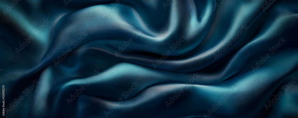 Fototapeta premium Teal silk fabric folds, dark background