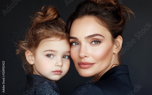 Portrait of mother and daughter embracing, showcasing a loving bond and beautiful expressions against a dark backdrop