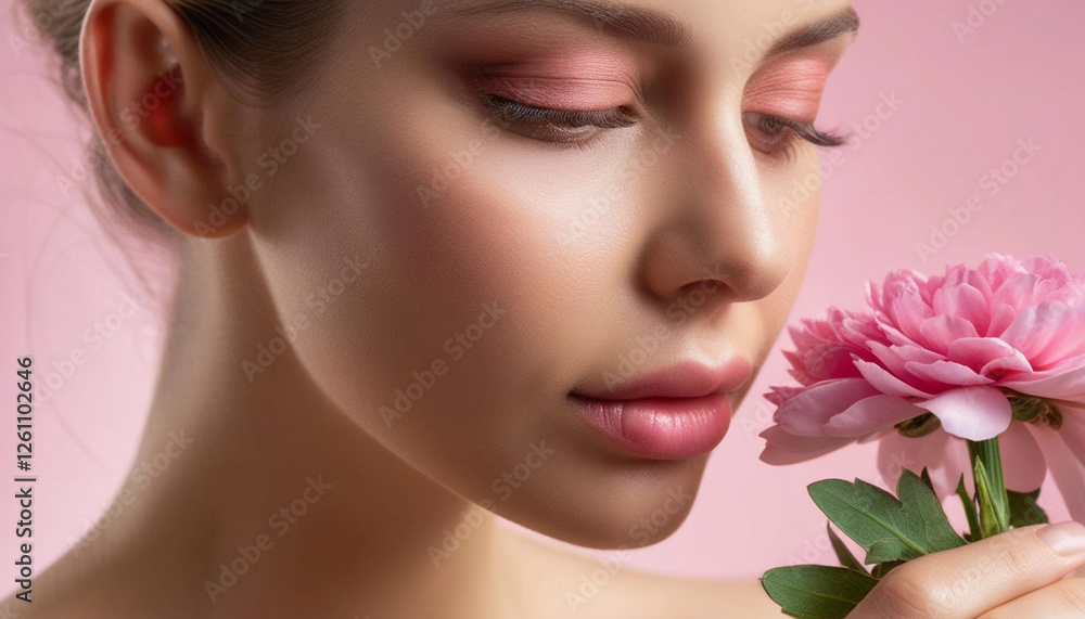 Extreme close up portrait of a woman with a flower in her hand, her eyes gazing gently downward, the delicate pink petals of the flower contrasting with her skin. Extreme close up portrait of a woman with a flower in her hand, her eyes gazing gently downward, the delicate pink petals of the flower contrasting with her skin.