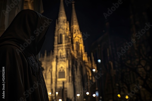 Nazarene penitent walking at night during holy week religious celebration. photo