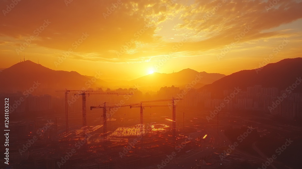 Fototapeta premium Sunset Over Construction Site and Cityscape