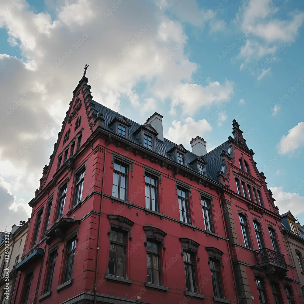Fototapeta premium A stunning view of a historic red building standing against the sky, showcasing its architectural.