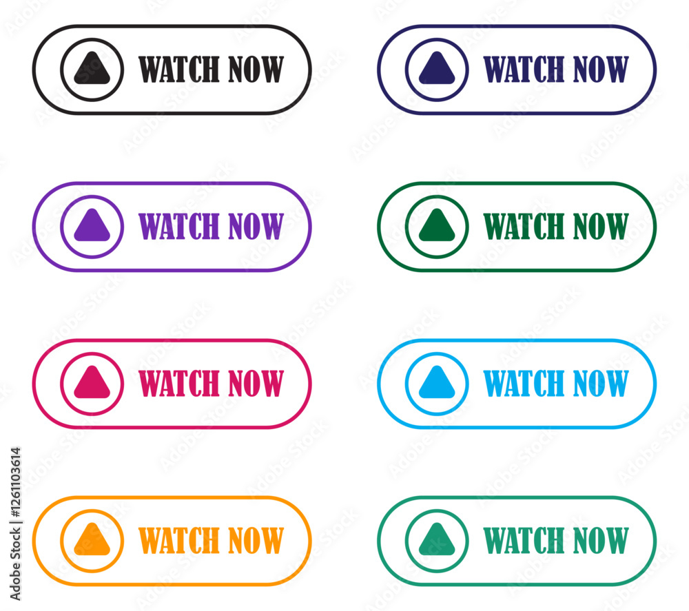 Watch now button collection set. Watch Now video play button. Watch now streaming button set. Colorful play button for videos. Online media watch now icons. Vector illustration
Watch now button collection set. Watch Now video play button. Watch now streaming button set. Colorful play button for videos. Online media watch now icons. Vector illustration