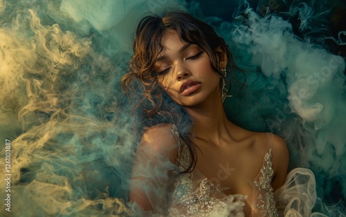 Glamorous portrait of a model enveloped in colorful smoke at a mystical studio setting during a fashion shoot