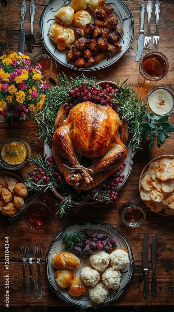 Fototapeta premium A beautiful assortment of dishes presents a festive lunch on a wooden table. Roasted turkey, side dishes, drinks, and flowers create a warm and inviting atmosphere perfect for gatherings