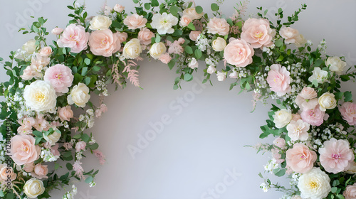 Romantic floral arch adorned with soft pastel blooms creating a picturesque wedding backdrop
