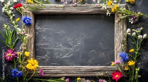 Rustic wooden frame embellished with vibrant wildflowers for capturing wedding moments photo