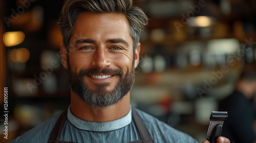 Wallpaper Mural Portrait of smiling Caucasian barber with beard and trimmer in hands in barbershop or hairdresser Torontodigital.ca
