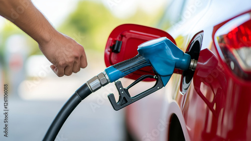 Close up hand gripping blue fuel pump nozzle, inserting into red vehicle fuel tank, symbolizing escalating gas prices and energy consumption photo