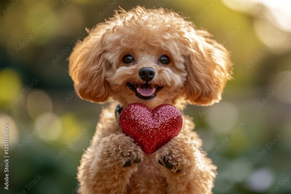 Ad critter creative. Cute poodle pup with sparkling rhinestones red heart on a walk in a spring garden. Poodle - my cherished dog, symbol of friendship. Cute furry valentine's friend. Ad critter creative. Cute poodle pup with sparkling rhinestones red heart on a walk in a spring garden. Poodle - my cherished dog, symbol of friendship. Cute furry valentine's friend.
