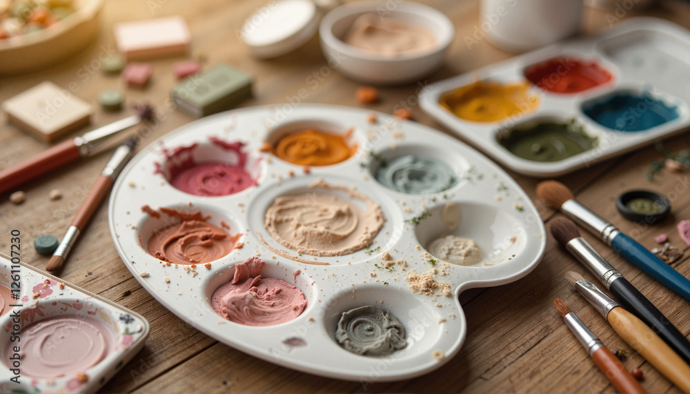 Artistic color palette with paints, brushes, and creative tools on wooden table Artistic color palette with paints, brushes, and creative tools on wooden table