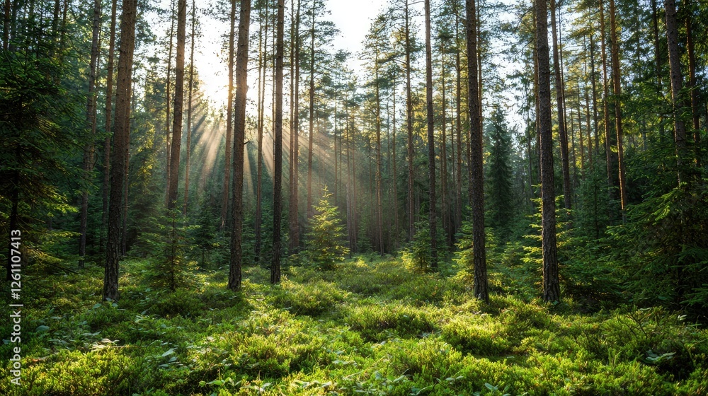 Fototapeta premium Sunbeams in pine forest, tranquil morning scene, nature wallpaper