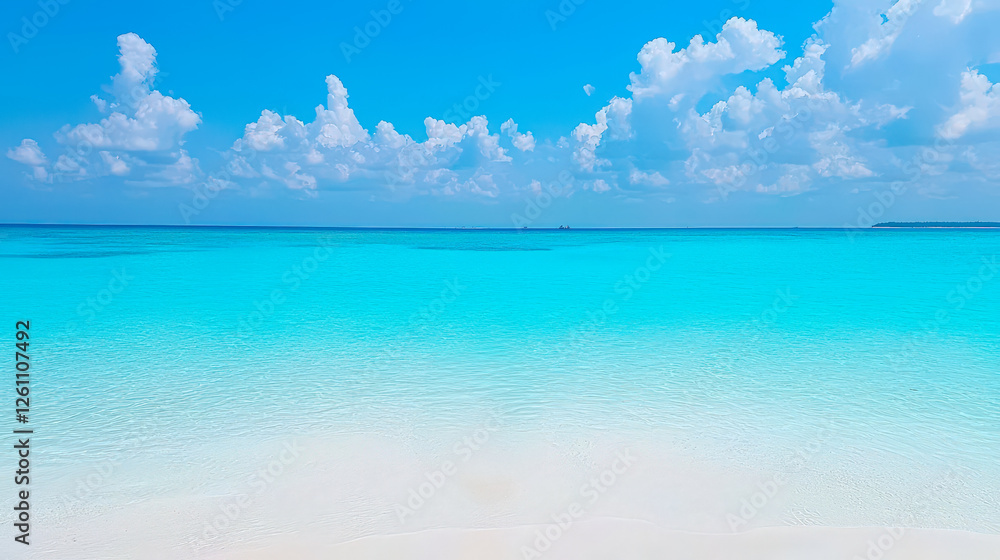 Crystal clear turquoise water meets soft white sand under a bright blue sky at a tropical beach Crystal clear turquoise water meets soft white sand under a bright blue sky at a tropical beach