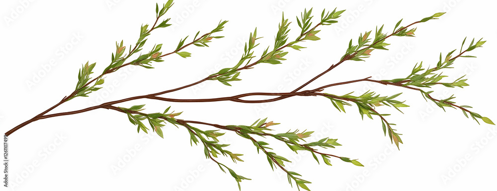 Fototapeta premium Spring branch, green leaves, white background, nature design