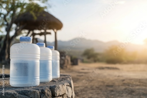 line of empty water containers in front of dry well symbolizing lack of basic necessities with negative space for overlays photo