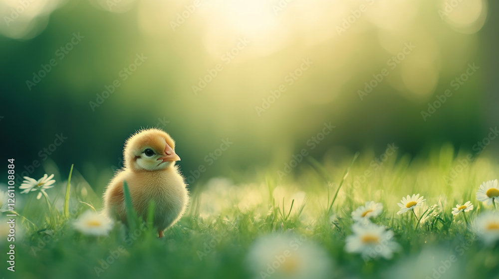 Small yellow chick surrounded by daisies and grass in a sunny spring field, enjoying nature Small yellow chick surrounded by daisies and grass in a sunny spring field, enjoying nature