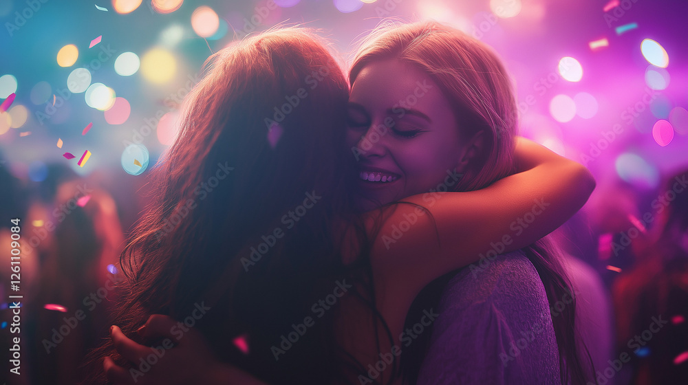 Teenage best friends hugging and laughing at an outdoor music festival, confetti in the air, vibrant stage lights, summer happiness mood Teenage best friends hugging and laughing at an outdoor music festival, confetti in the air, vibrant stage lights, summer happiness mood