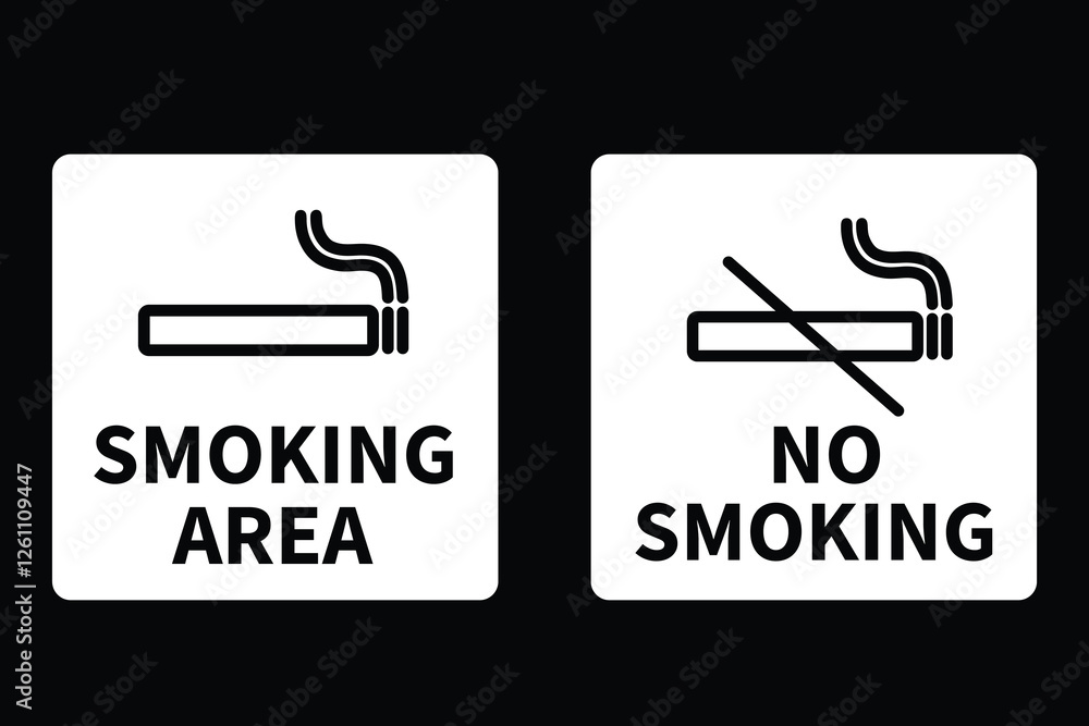 Black and white signage indicating smoking and no smoking areas, featuring a cigarette icon with and without a prohibition symbol on a dark background. Black and white signage indicating smoking and no smoking areas, featuring a cigarette icon with and without a prohibition symbol on a dark background.