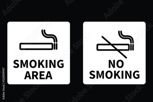 Black and white signage indicating smoking and no smoking areas, featuring a cigarette icon with and without a prohibition symbol on a dark background. 