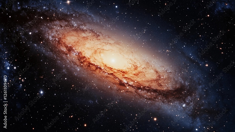 Fototapeta premium A spiral galaxy with a bright yellow center. The galaxy is filled with stars and is surrounded by a dark blue sky