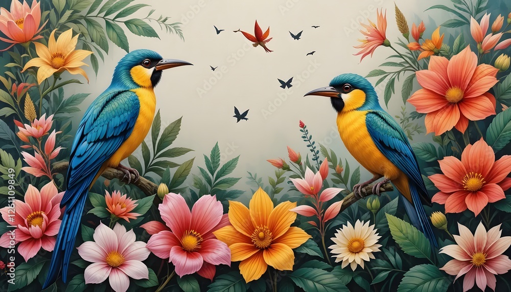 Obraz premium Birds flores painting design generative ai