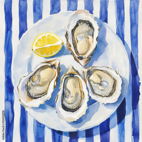 Watercolor illustration of fresh oysters with a lemon wedge on a white plate, set against a blue and white striped background