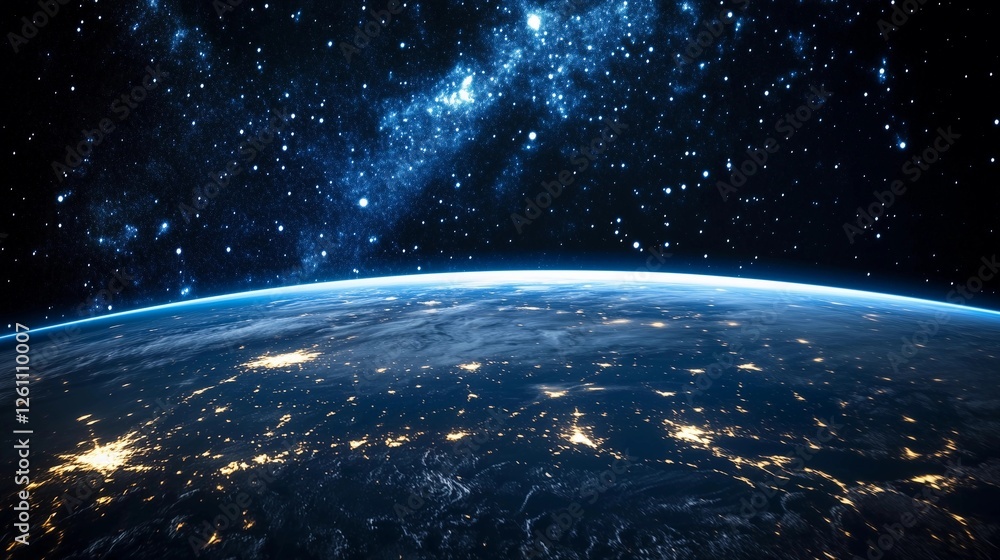 Fototapeta premium The night sky is filled with stars and the moon. The stars are scattered all over the sky, and the moon is shining brightly