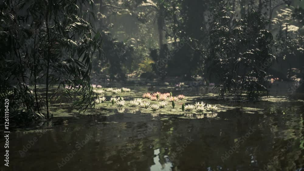 A serene landscape shows tranquil waters adorned with blooming lotus flowers, surrounded by lush greenery in the vibrant jungle of Vietnam, capturing natures beauty. A serene landscape shows tranquil waters adorned with blooming lotus flowers, surrounded by lush greenery in the vibrant jungle of Vietnam, capturing natures beauty.