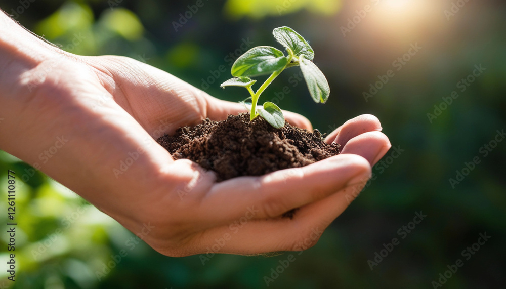 Extreme close up of a hand gently holding a handful of soil, with small plants growing in the background, capturing the connection between earth and growth. Extreme close up of a hand gently holding a handful of soil, with small plants growing in the background, capturing the connection between earth and growth.