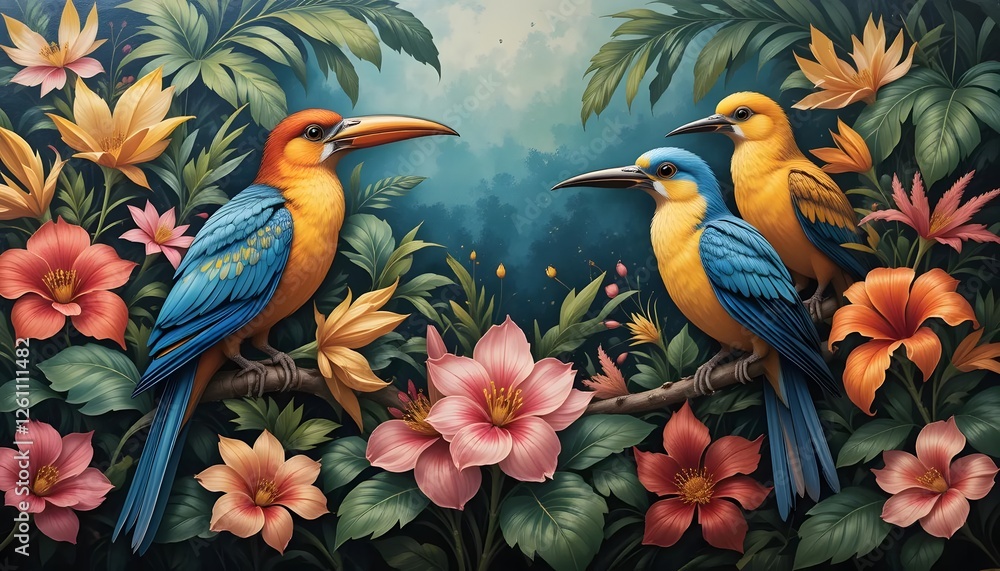 Fototapeta premium Birds flores painting design generative ai