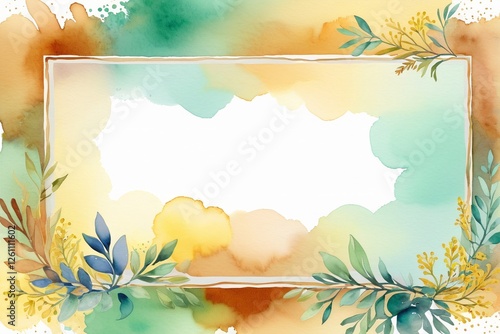 Watercolor frame with floral elements in soft green and orange tones