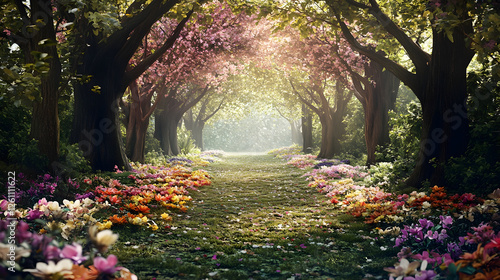 Fototapeta Naklejka Na Ścianę i Meble -  Whimsical forest clearing surrounded by colorful blossoms for enchanting wedding photography