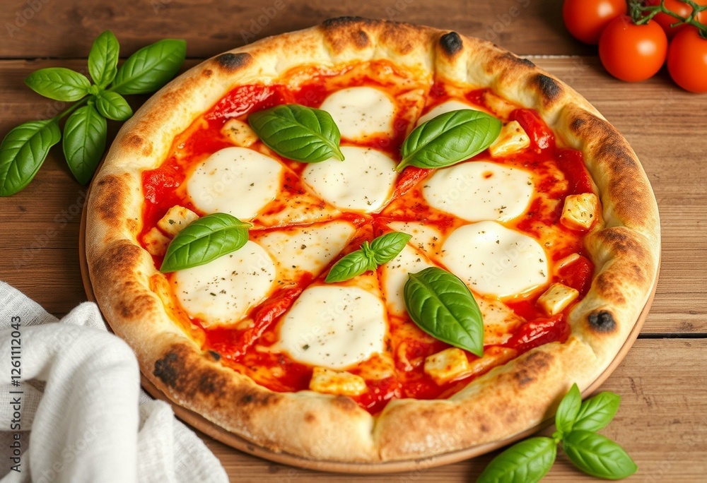 A partially seen pizza with a golden crust and melted cheese, garnished with fresh basil, on a wooden table