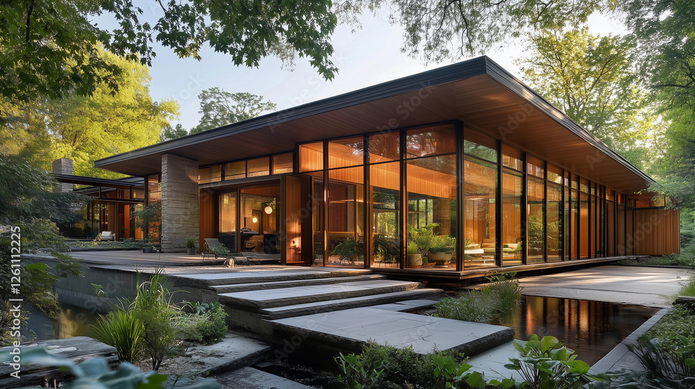 A large house with a lot of glass windows and a large pool. The house is surrounded by trees and plants A large house with a lot of glass windows and a large pool. The house is surrounded by trees and plants