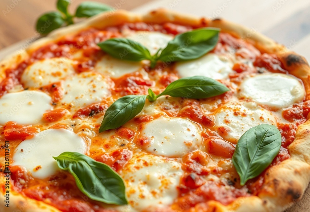 A partially seen pizza with a golden crust and melted cheese, topped with fresh basil, on a wooden table with a blurred background. A partially seen pizza with a golden crust and melted cheese, topped with fresh basil, on a wooden table with a blurred background.