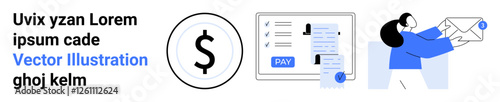 Dollar icon, payment confirmation screen, person mailing an envelope. Ideal for finance, transactions, e-commerce, communication, workflow invoices online services. Abstract line flat metaphor
