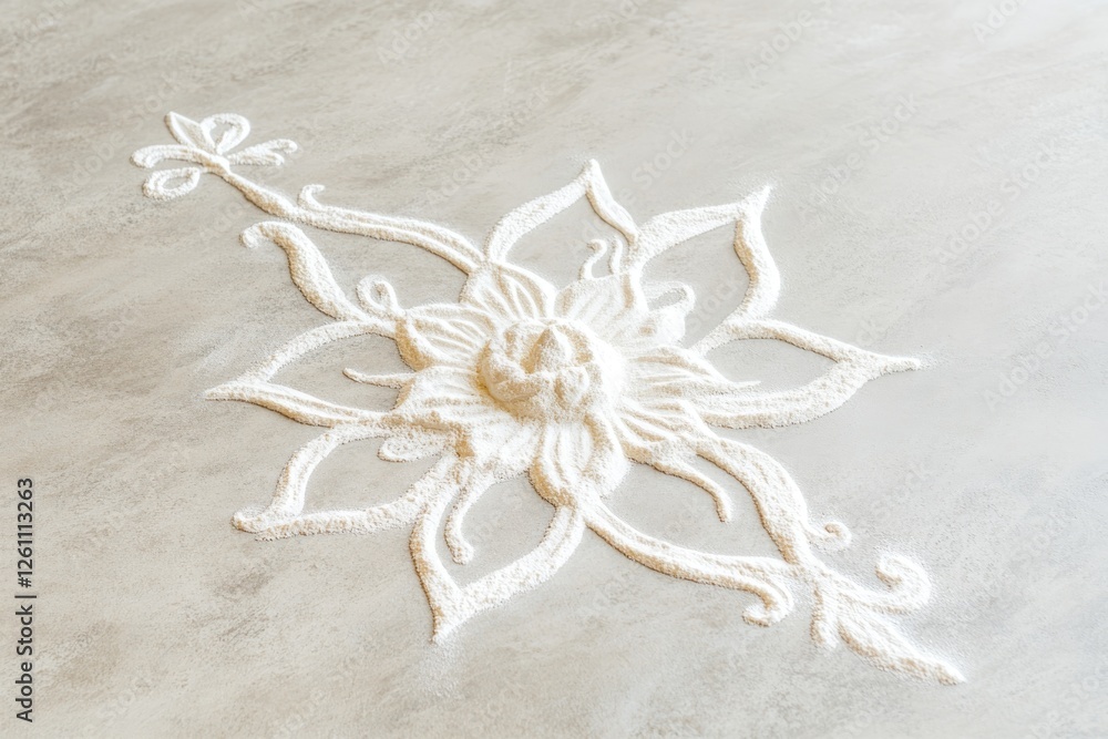 Minimalist Kolam Design in White Chalk on a Smooth Gray Floor Showcases Traditional Cultural Artistry Minimalist Kolam Design in White Chalk on a Smooth Gray Floor Showcases Traditional Cultural Artistry