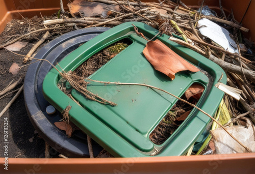 Wallpaper Mural Extreme close up of a compost bin lid opening, with organic materials inside, symbolizing the importance of waste reduction. Torontodigital.ca