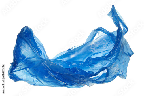 Blue crumpled nylon bag flying isolated on white, clipping path	
