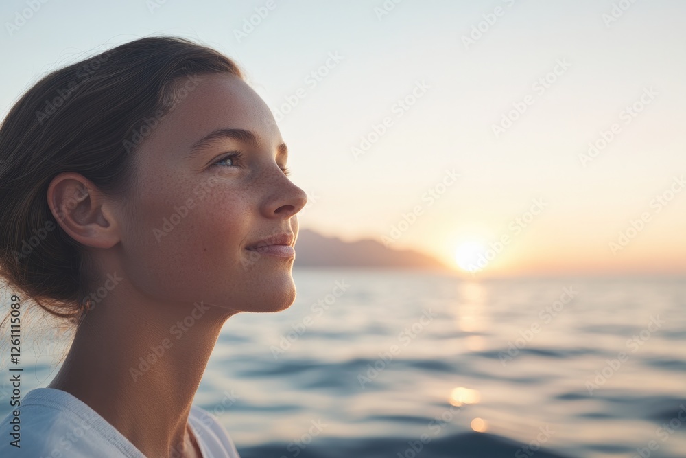portrait of young sailor gazing out over ocean with sun setting behind them and waves softly blurred portrait of young sailor gazing out over ocean with sun setting behind them and waves softly blurred