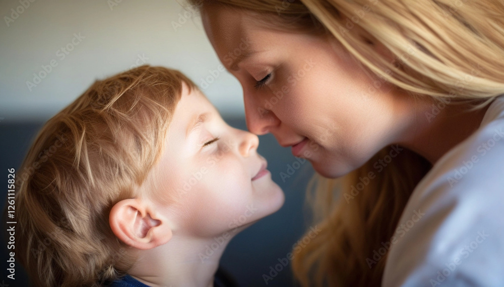 Extreme close up of a mother and child's faces, noses touching, eyes closed in a tender moment, with soft focus and light creating an intimate scene. Extreme close up of a mother and child's faces, noses touching, eyes closed in a tender moment, with soft focus and light creating an intimate scene.