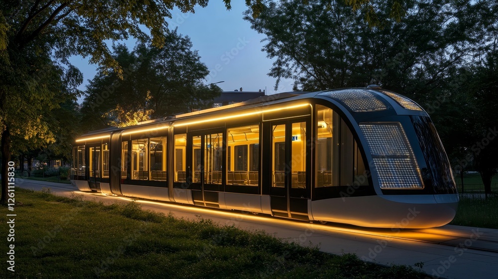 Naklejka premium Modern tram illuminated at dusk, sleek design.