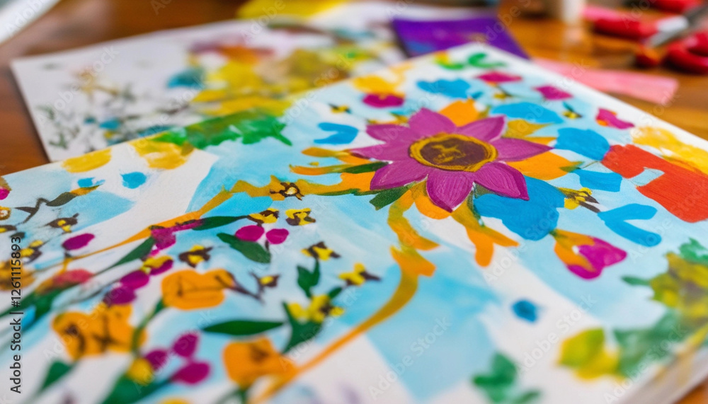 Extreme close up of a handmade Mother's Day card with intricate designs, floral patterns, and colorful drawings, surrounded by small flowers. Extreme close up of a handmade Mother's Day card with intricate designs, floral patterns, and colorful drawings, surrounded by small flowers.