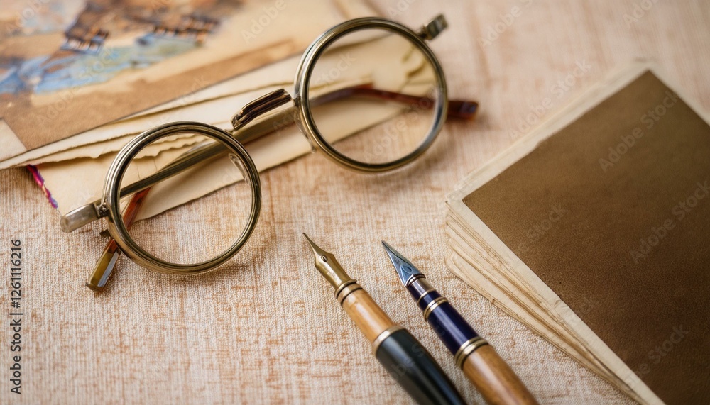 Fototapeta premium 빈티지 우편 엽서와 함께 올려진 둥근 안경, 클래식한 만년필