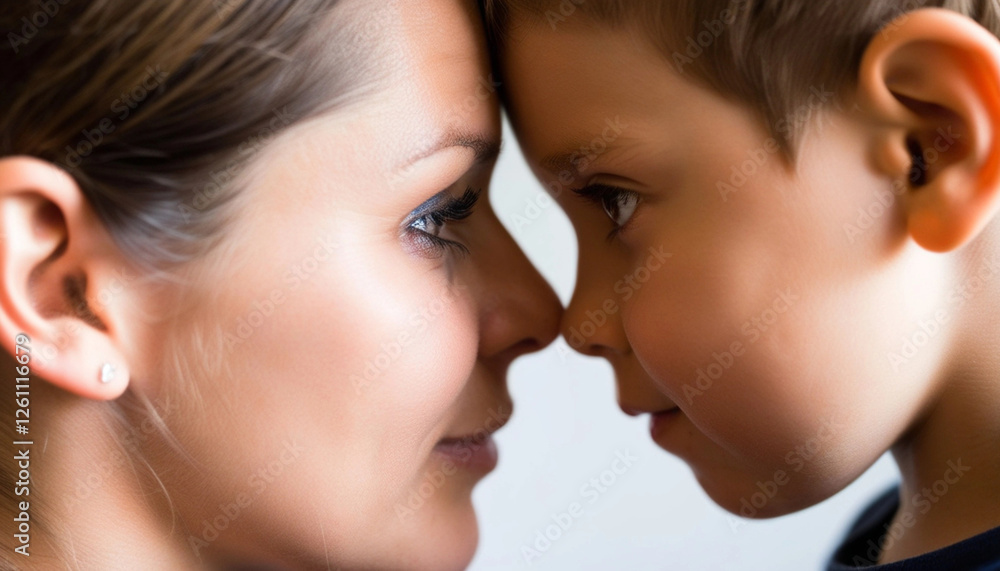 Extreme close up of a mother and child's profiles, both facing each other, with their heads gently touching, radiating love and warmth. Extreme close up of a mother and child's profiles, both facing each other, with their heads gently touching, radiating love and warmth.