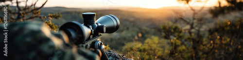 Obraz na płótnie Rifle Scope Aimed at Sunset Landscape