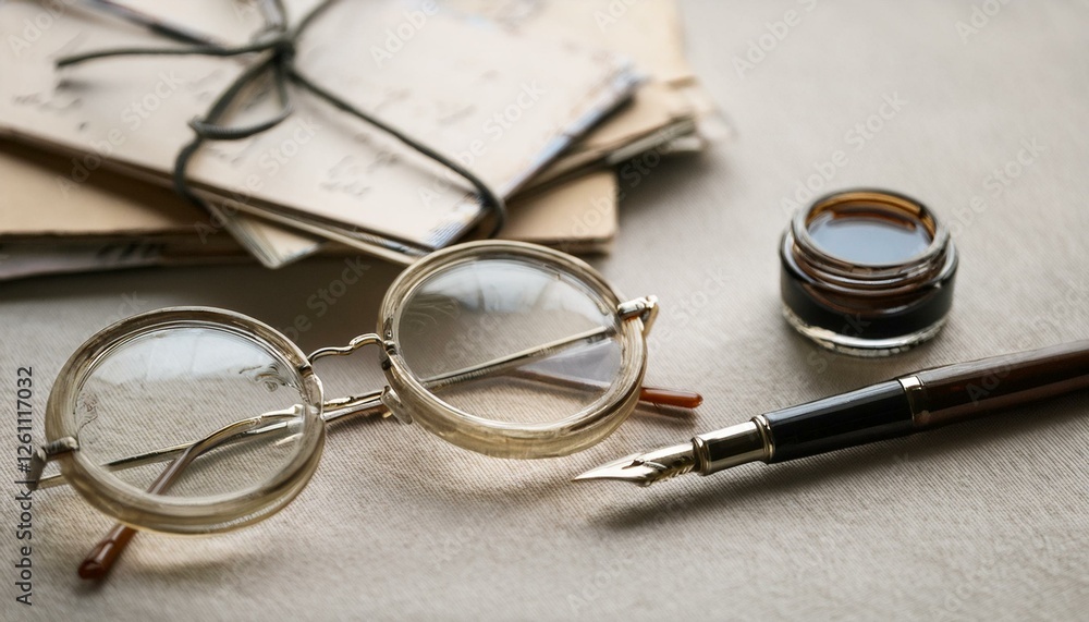 Fototapeta premium 빈티지 우편 엽서와 함께 올려진 둥근 안경, 클래식한 만년필