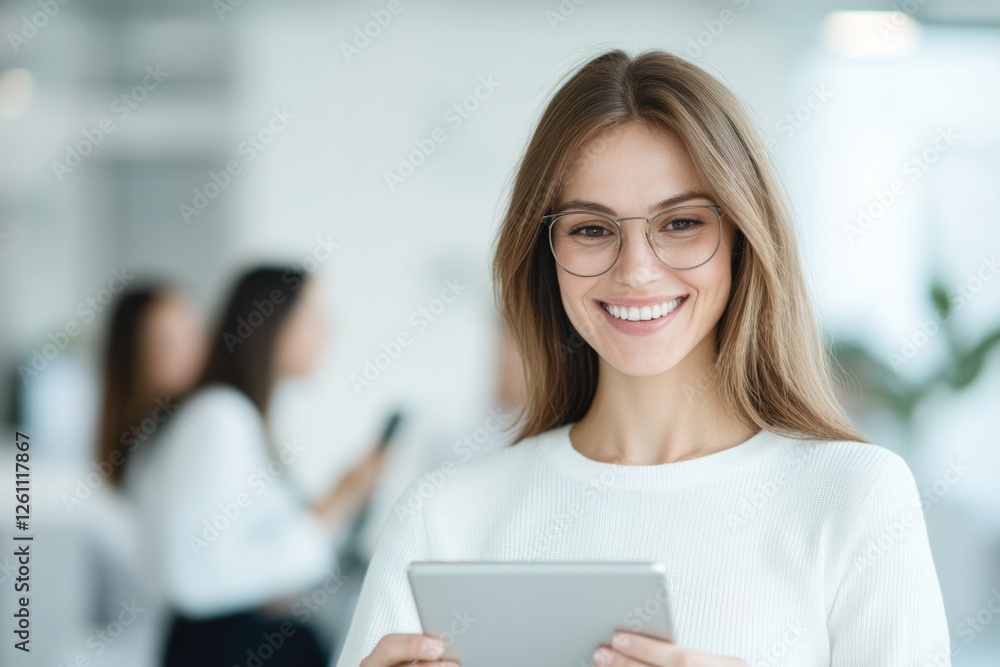 smiling project coordinator reviewing schedules on tablet while colleagues discuss in background bright and airy office smiling project coordinator reviewing schedules on tablet while colleagues discuss in background bright and airy office